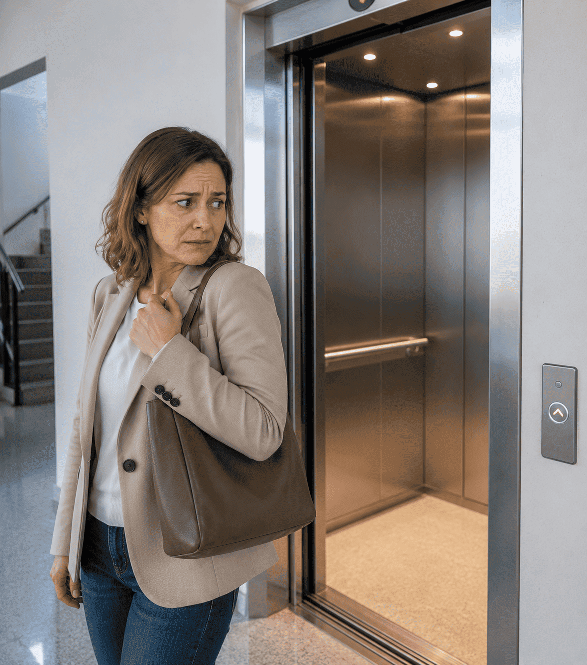 Mujer con miedo ante un ascensor